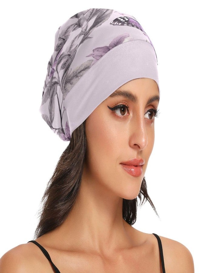 ElliTarr Beanie Hat Satin Bonnet Lined Sleep Cap Hair Wrap Cover Slouchy Beanie for Curly Hair Protection for Gifts for Men Women Pastel Purple Butterflies and Vintage Flowers - Image 4